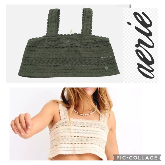 NWOT Aerie Crochet Crop Top Tank Top in Olive XS - Picture 1 of 6